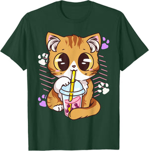 Cute Kawaii Cat Boba Bubble Milk Tea Anime Neko Kitten T-Shirt - T-Shirt | Forest