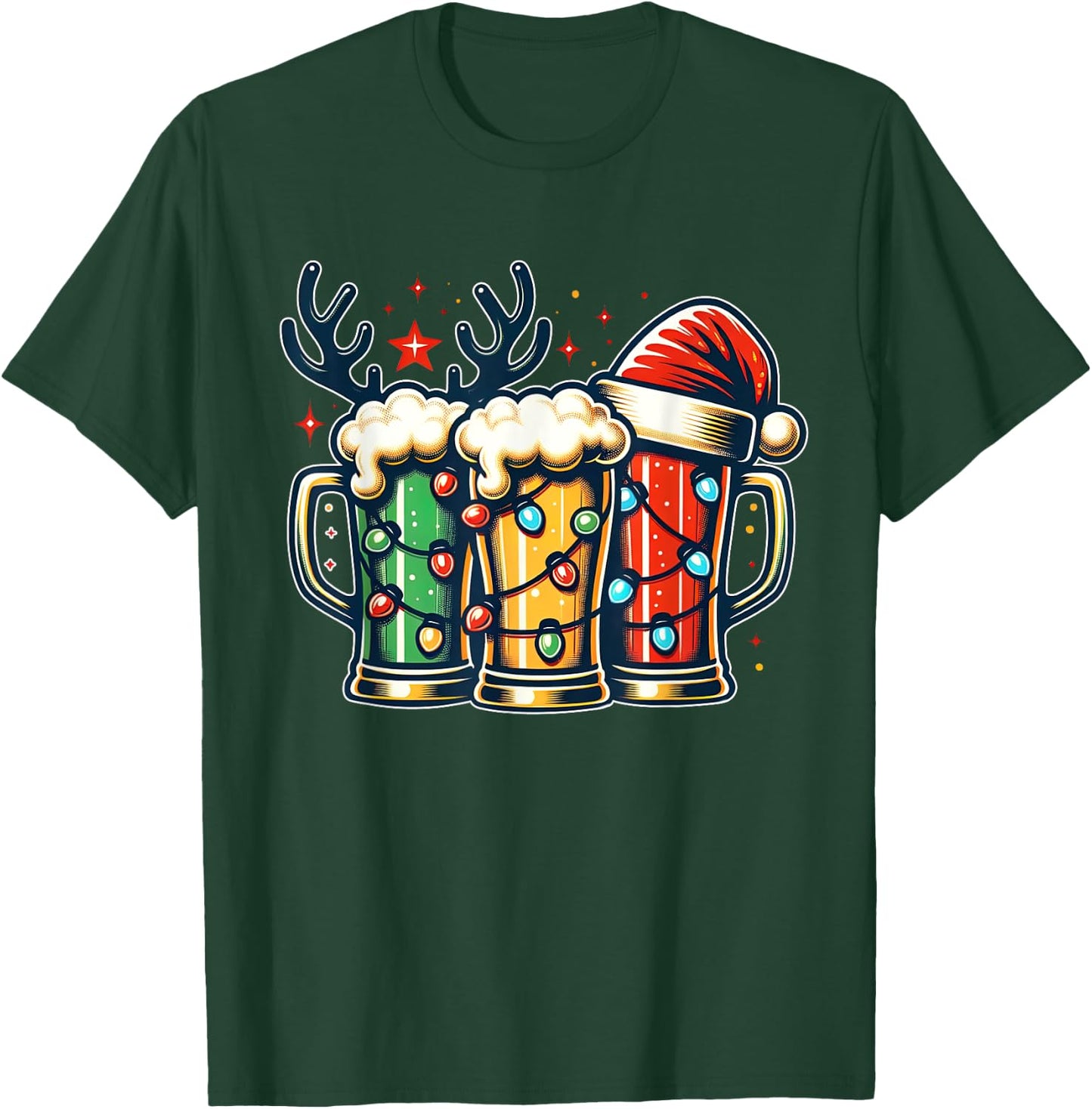 Funny Santa Reindeer Beer Christmas Lights Merry Xmas Beer T-Shirt - T-Shirt | Forest