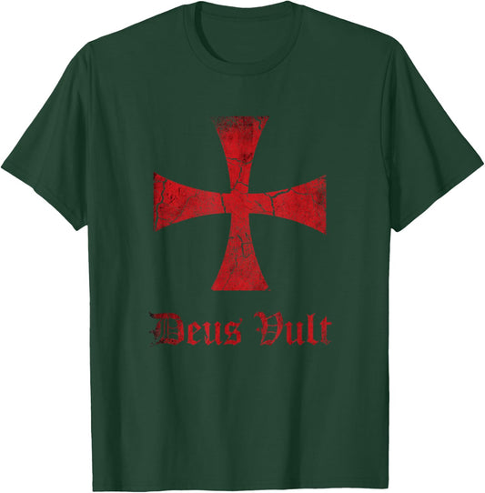 Distressed Deus Vult Knights Templar Cross, Crusader T-Shirt - T-Shirt | Forest
