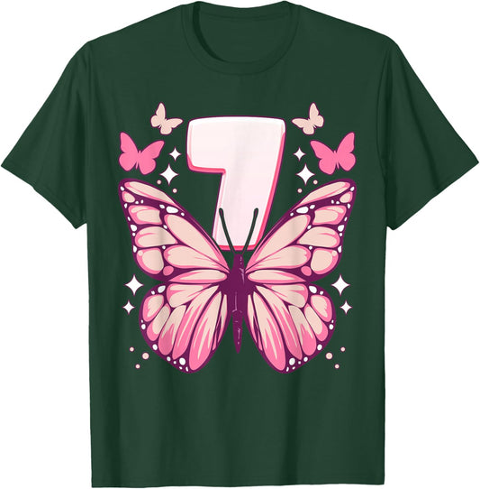 Birthday Girl 7 Years, Butterflies and Number 7 T-Shirt - T-Shirt | Forest