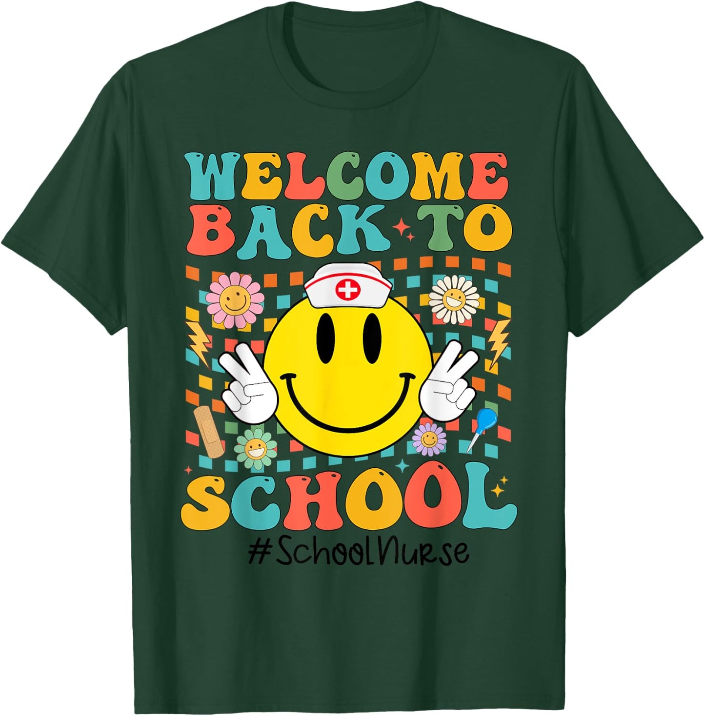 Retro Groovy Welcome Back To School Shool Nurse Smile Face T-Shirt - T-Shirt | Forest