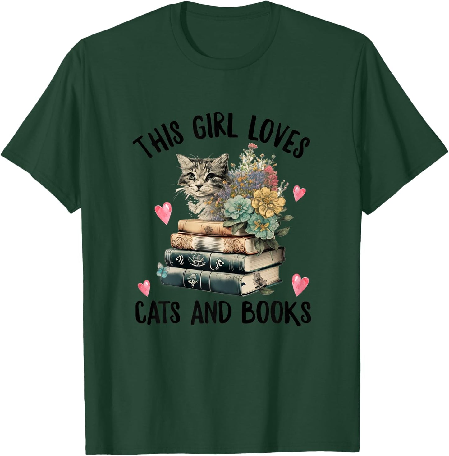 This Girl Loves Cats and Books Funny Cat Watercolor T-Shirt - T-Shirt | Forest