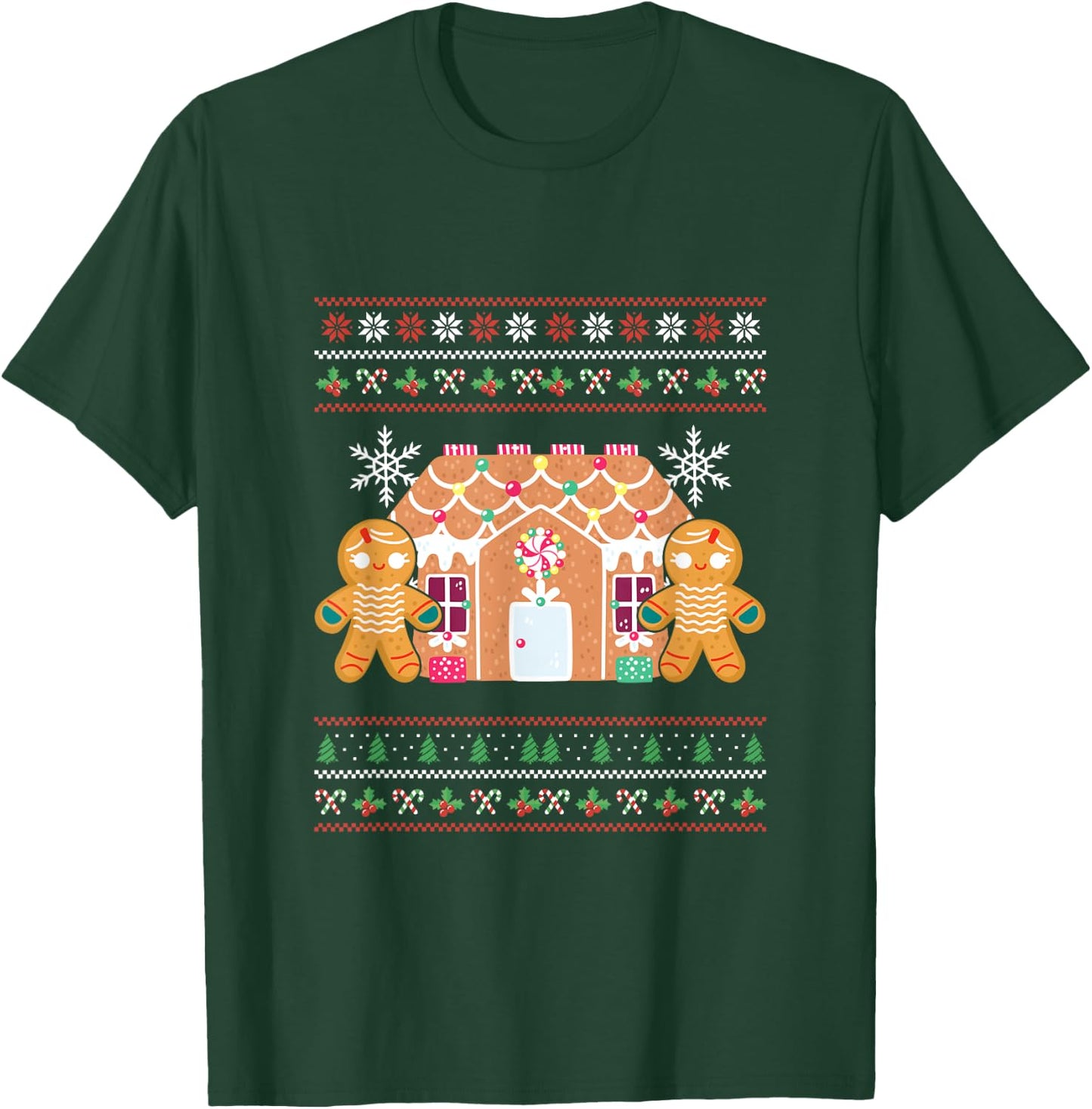 Ugly Christmas Gingerbread House Santa Claus New Year Deer T-Shirt - T-Shirt | Forest