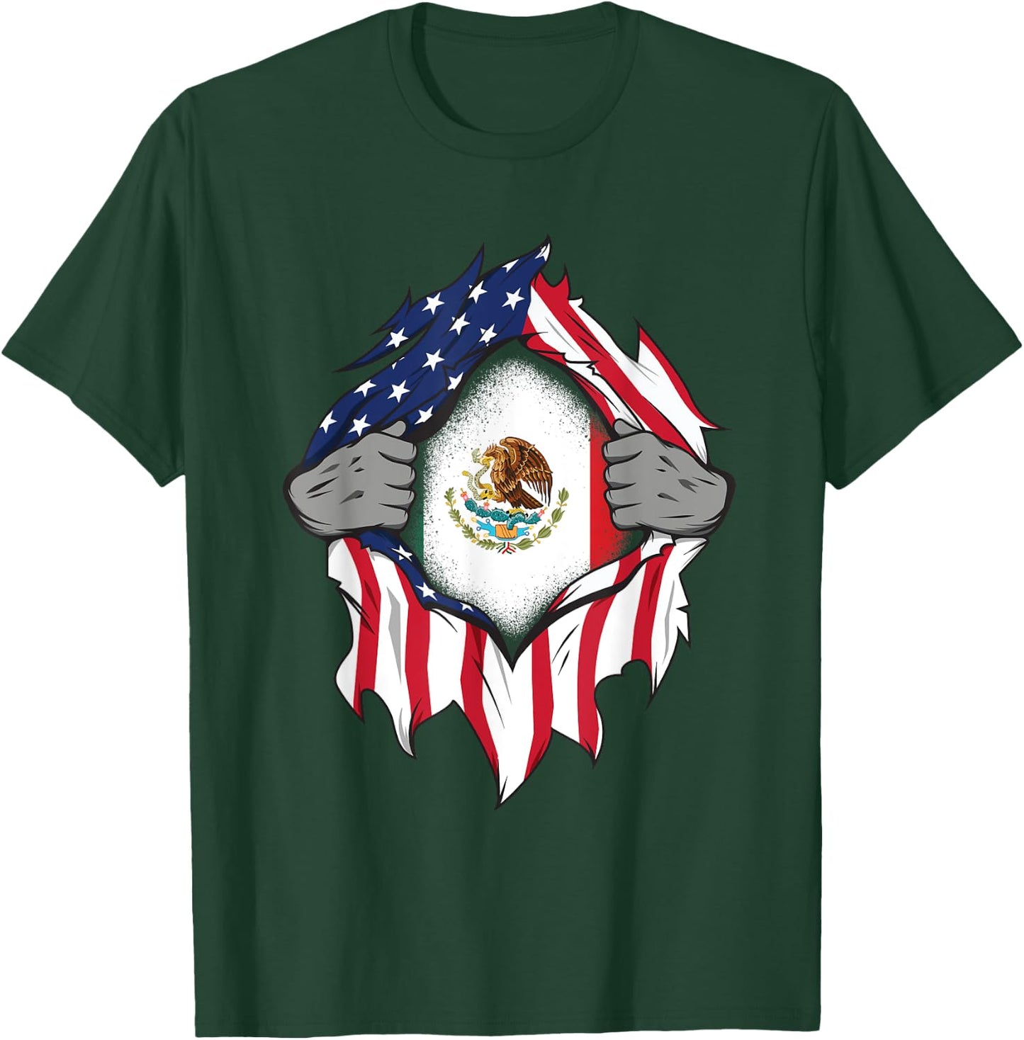Mexican American Flags Hands Ripping Flag on Chest T-Shirt - T-Shirt | Forest