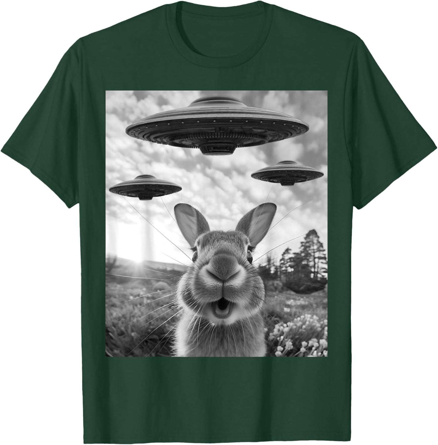 Rabbit Selfie with UFOs Vintage Alien Rabbit T-Shirt - T-Shirt | Forest