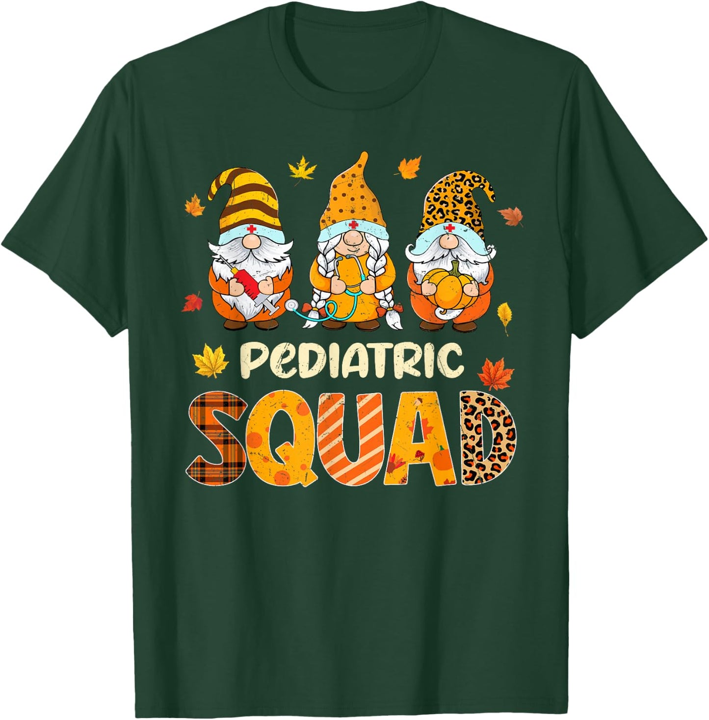 Pediatric Squad Cute Gnome Nurse Leopard Thanksgiving Fall T-Shirt - T-Shirt | Forest