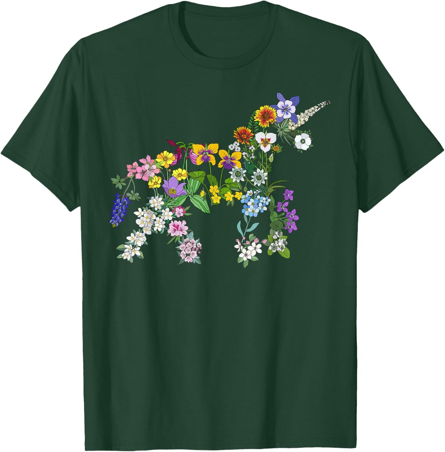 Floral Unicorn Wildflowers Flower Unicorn Shape T-Shirt - T-Shirt | Forest