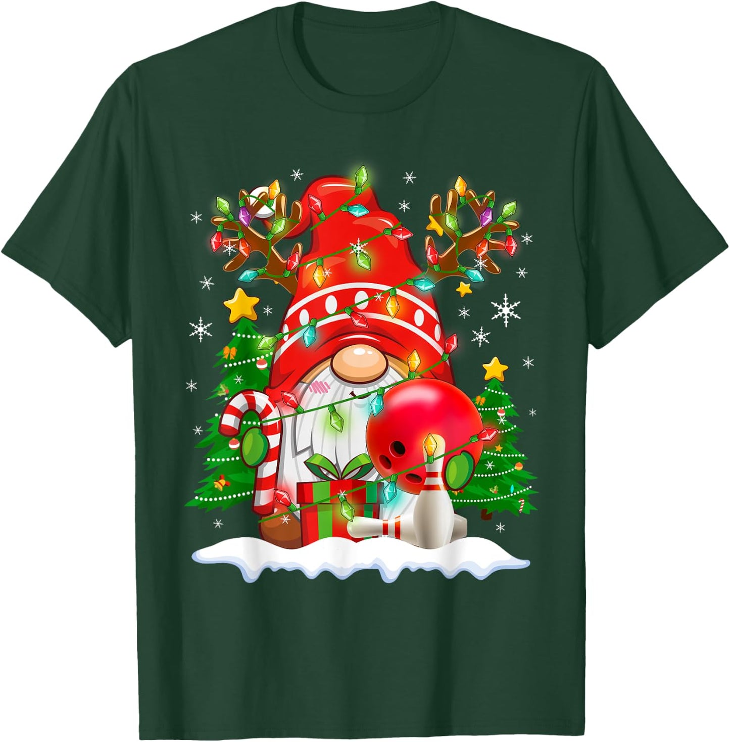 Funny Reindeer Gnome & Bowling Ball Christmas Lights Xmas T-Shirt - T-Shirt | Forest