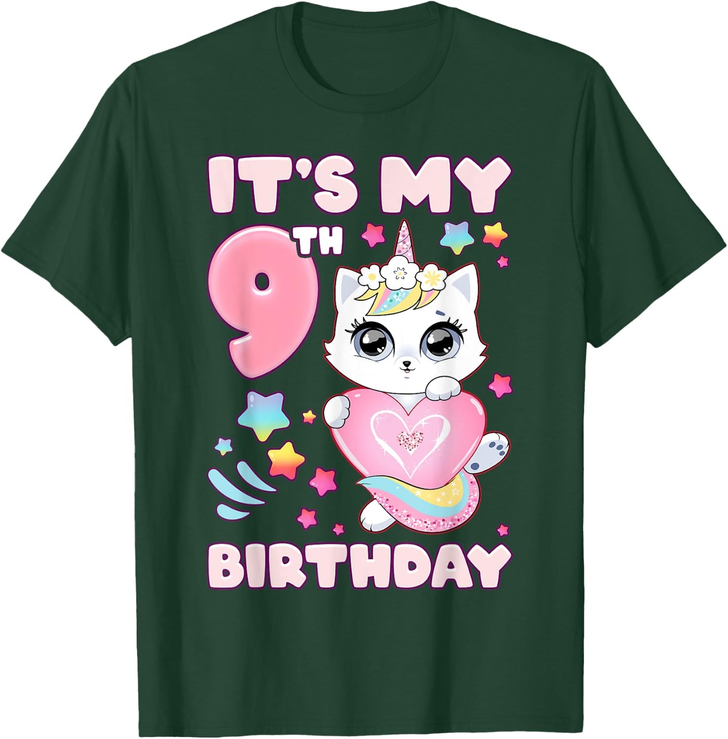 Birthday girl 9 years old, cat, unicorn, 9th birthday T-Shirt - T-Shirt | Forest