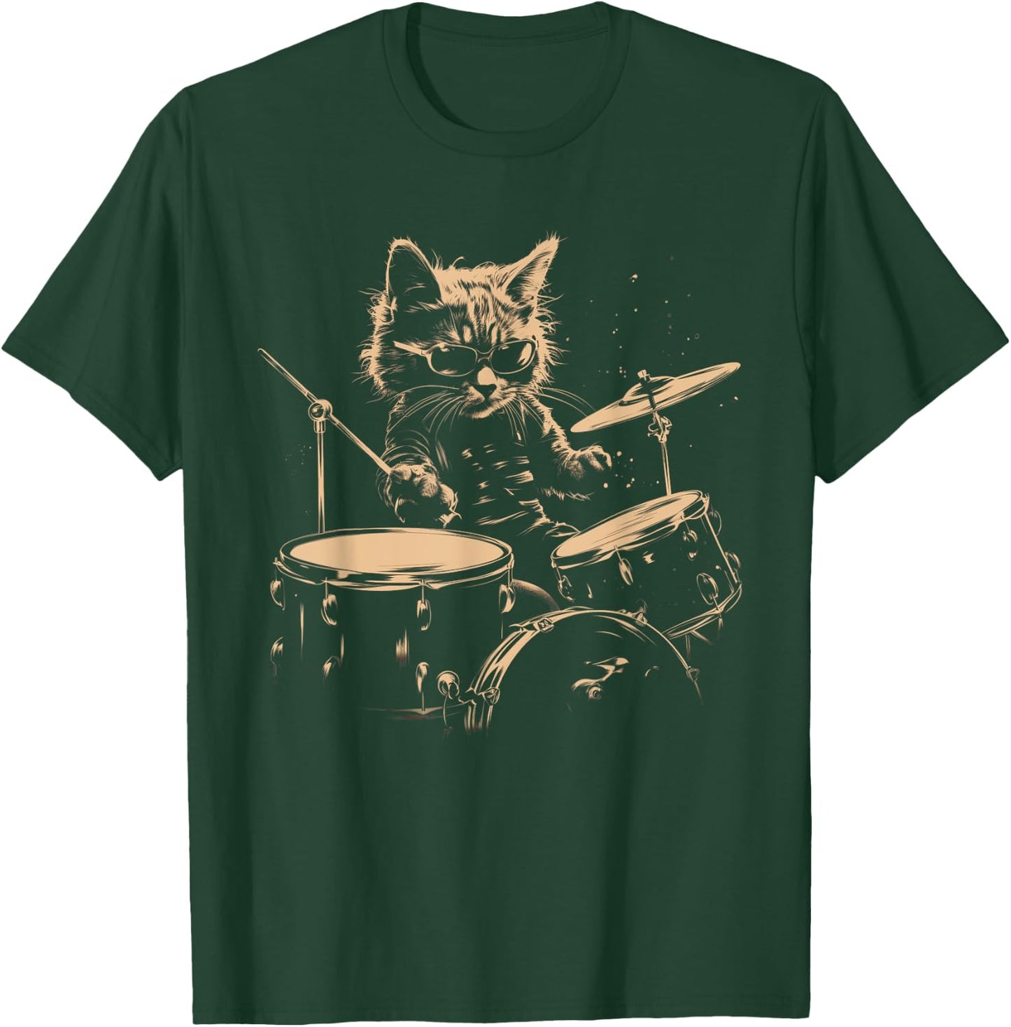 Pop Rock Drummer Cat Kitten Music Playing Drums Music Bands T-Shirt - T-Shirt | Forest