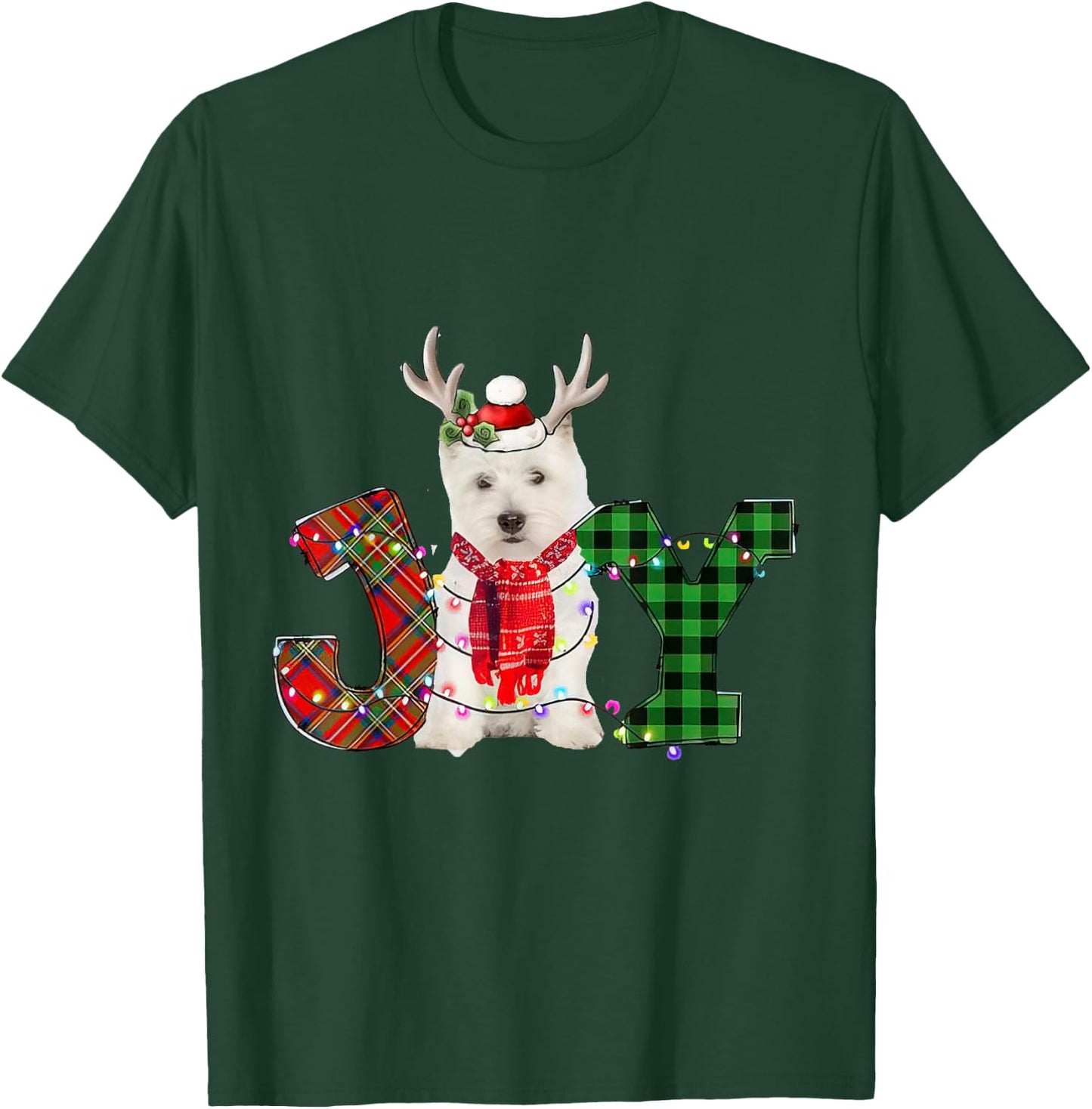 Joy Christmas Lights West Highland White Terrier Dog Santa Women Kids T-Shirt - T-Shirt | Forest