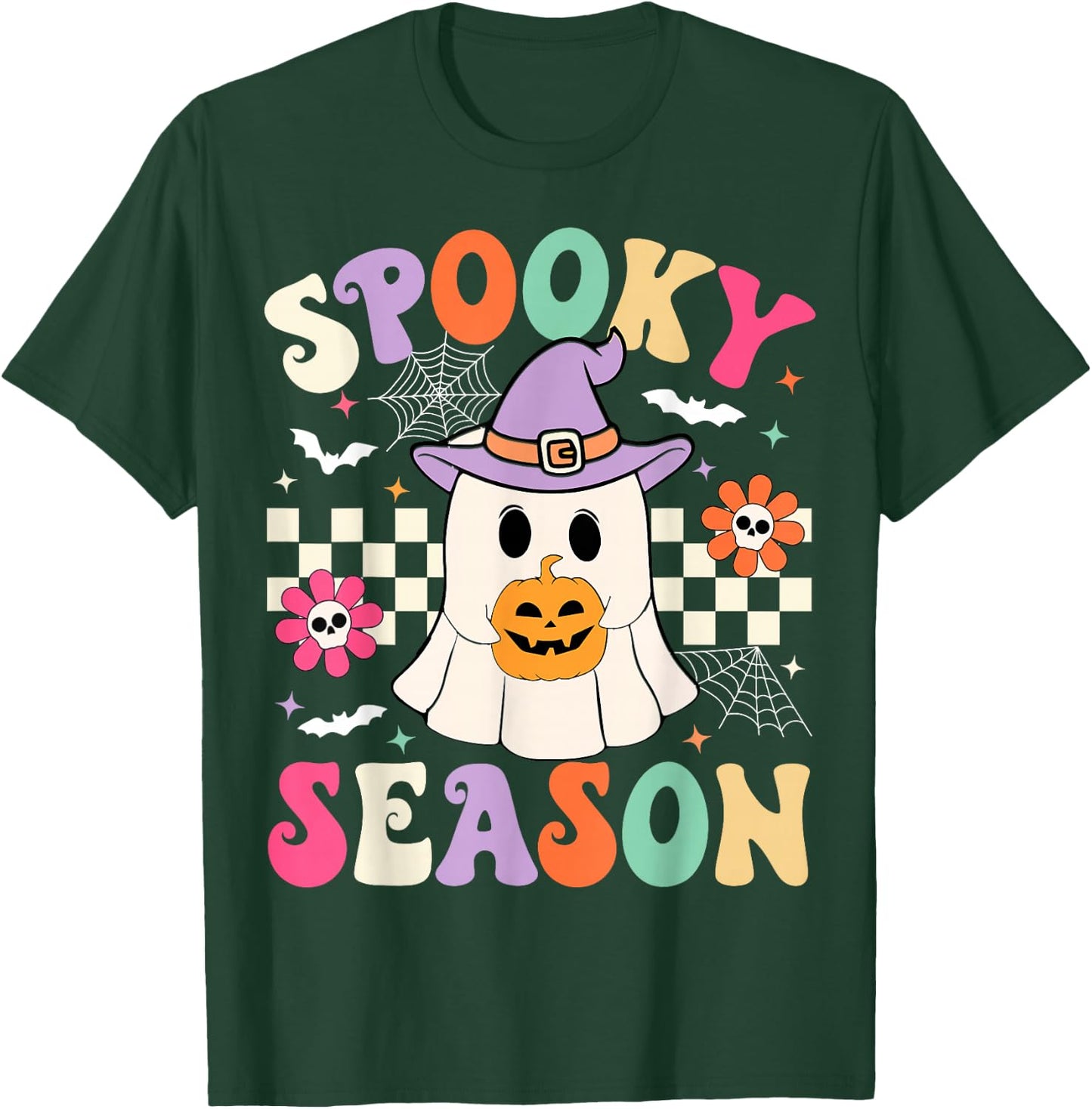 Groovy Spooky Season Retro Ghost Holding Pumpkin Halloween T-Shirt - T-Shirt | Forest