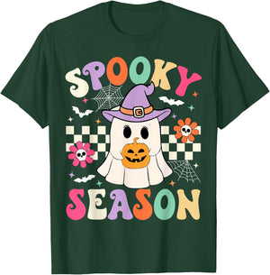 Groovy Spooky Season Retro Ghost Holding Pumpkin Halloween T-Shirt - T-Shirt | Forest
