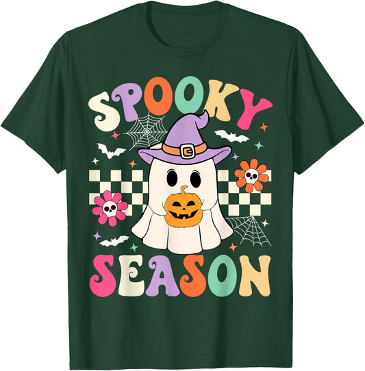 Groovy Spooky Season Retro Ghost Holding Pumpkin Halloween T-Shirt - T-Shirt | Forest