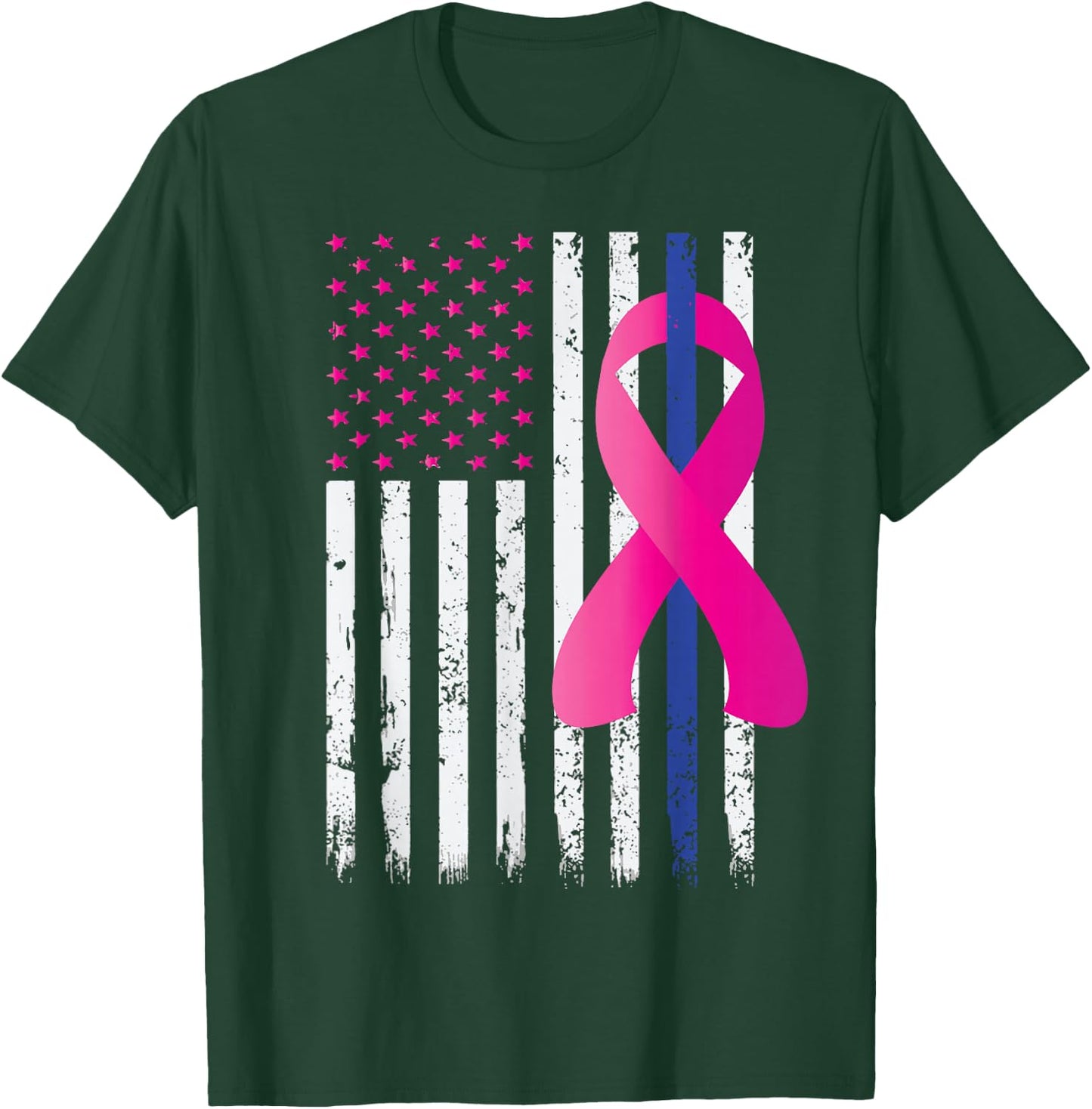Breast Cancer Awareness Thin Blue Line Vintage Police Flag T-Shirt - T-Shirt | Forest