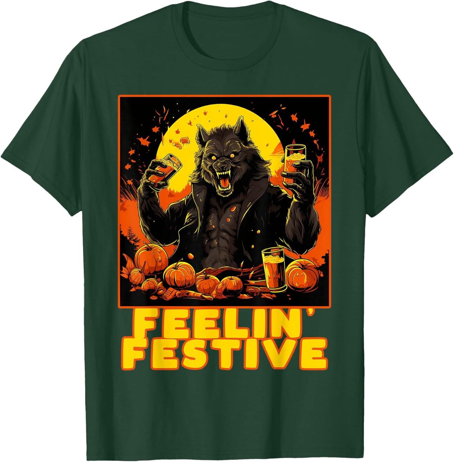 Funny Werewolf Drinking Halloween Costume Party Thanksgiving T-Shirt - T-Shirt | Forest