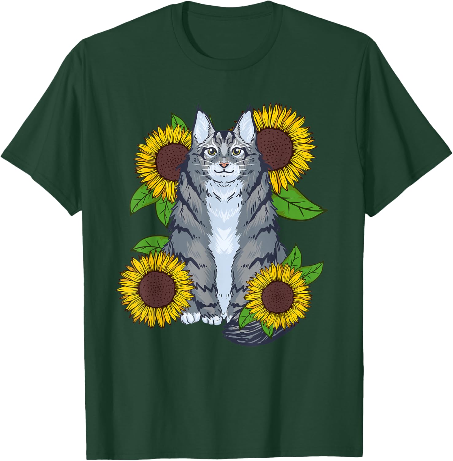 Floral Sunflower Mainecoon Cat Lover Men Women Kids T-Shirt - T-Shirt | Forest