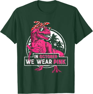 In October We Wear Pink Breast Cancer Trex Dino Women Girls T-Shirt - T-Shirt | Forest