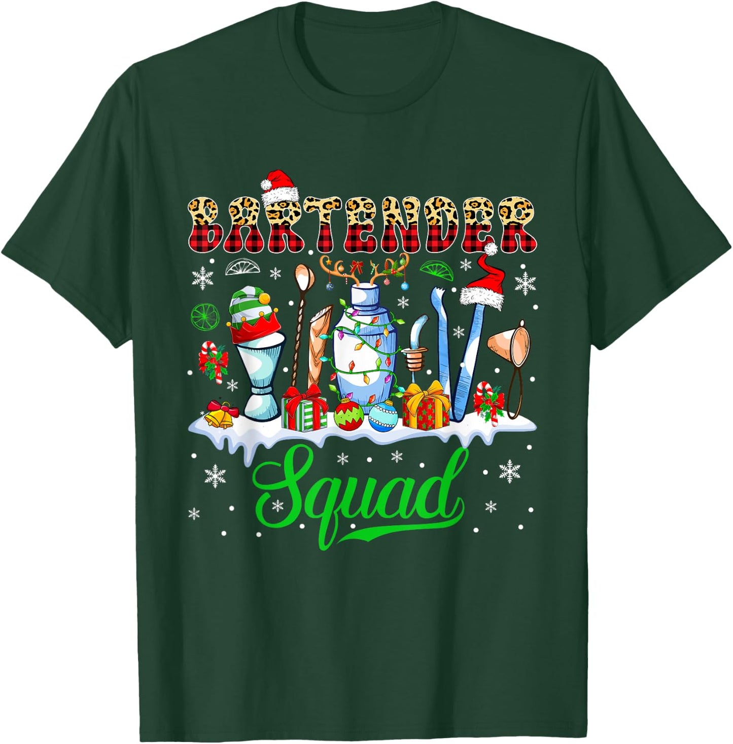 Bartender Squad Christmas Santa Reindeer Elf Bartender Tools T-Shirt - T-Shirt | Forest
