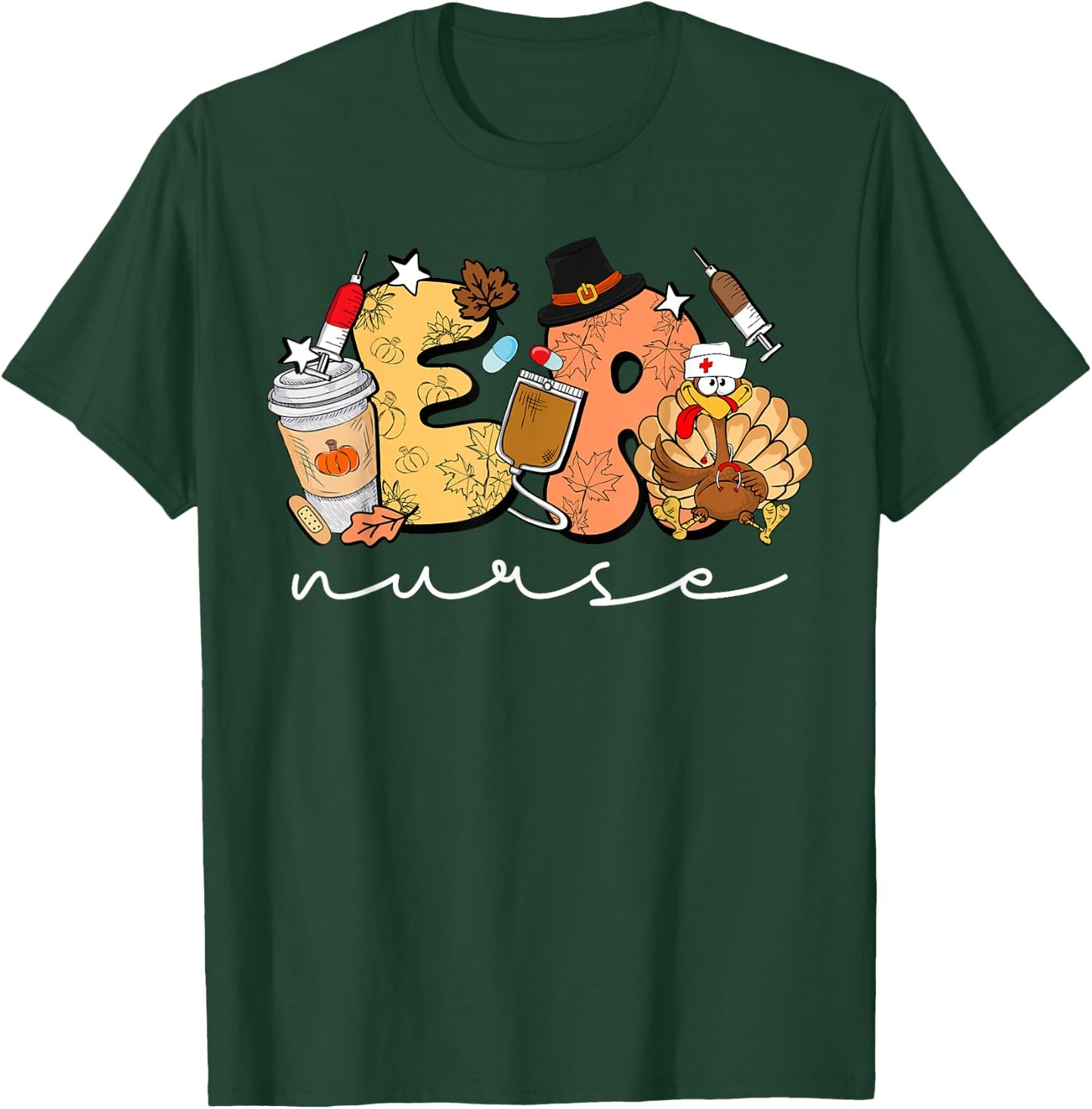 Retro Thanksgiving ER Nurse Turkey Emergency Room Nurse T-Shirt - T-Shirt | Forest