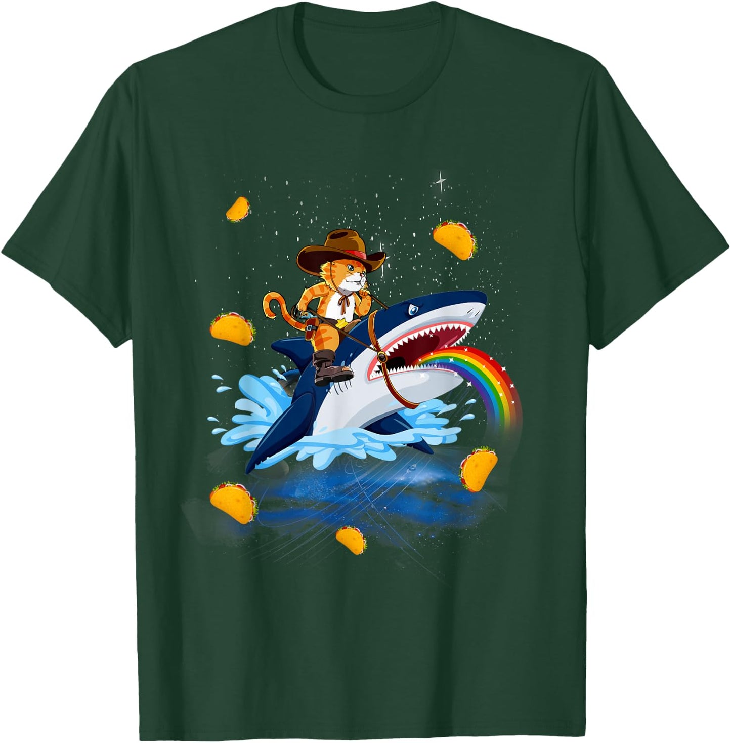 Western Cowboy Cat Riding A Shark In Taco Space Rainbow T-Shirt - T-Shirt | Forest