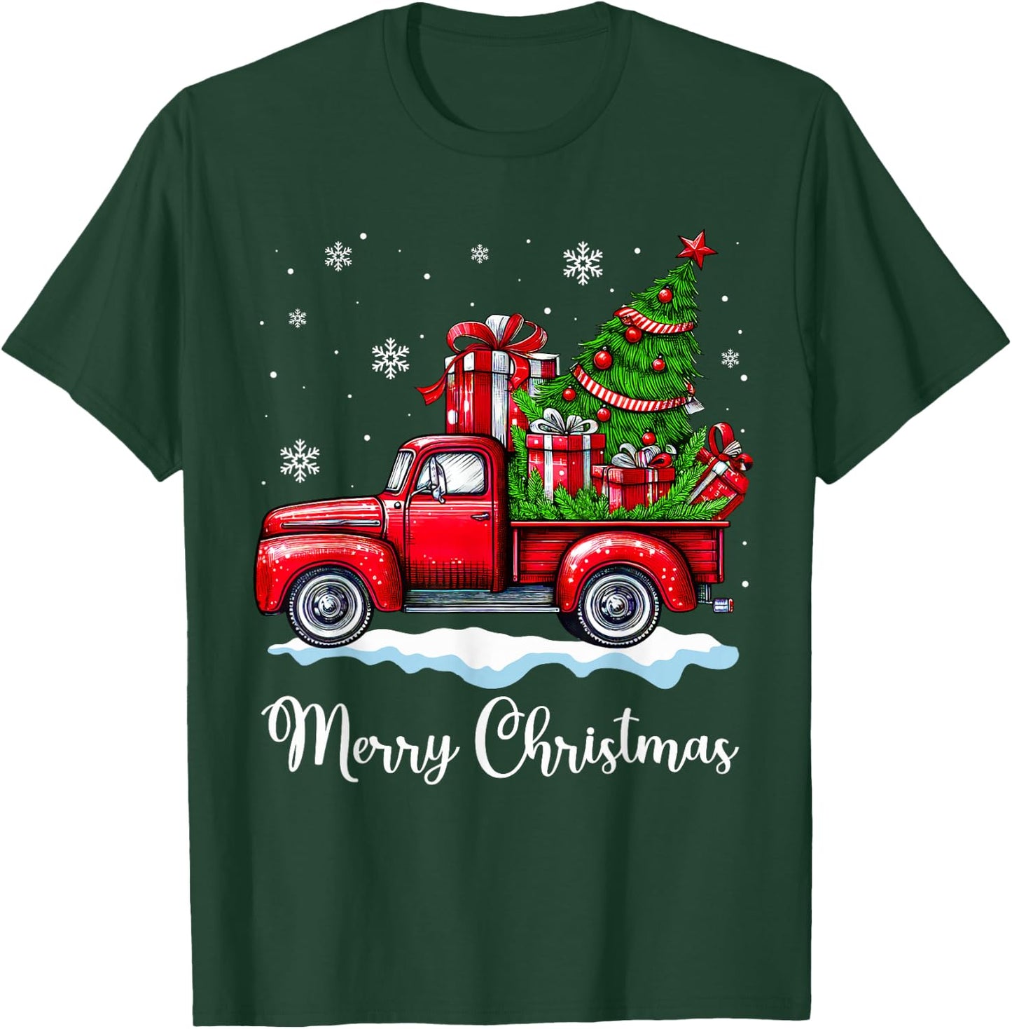 Vintage Merry Christmas Red Truck Funny Xmas Tree Boys Men T-Shirt - T-Shirt | Forest