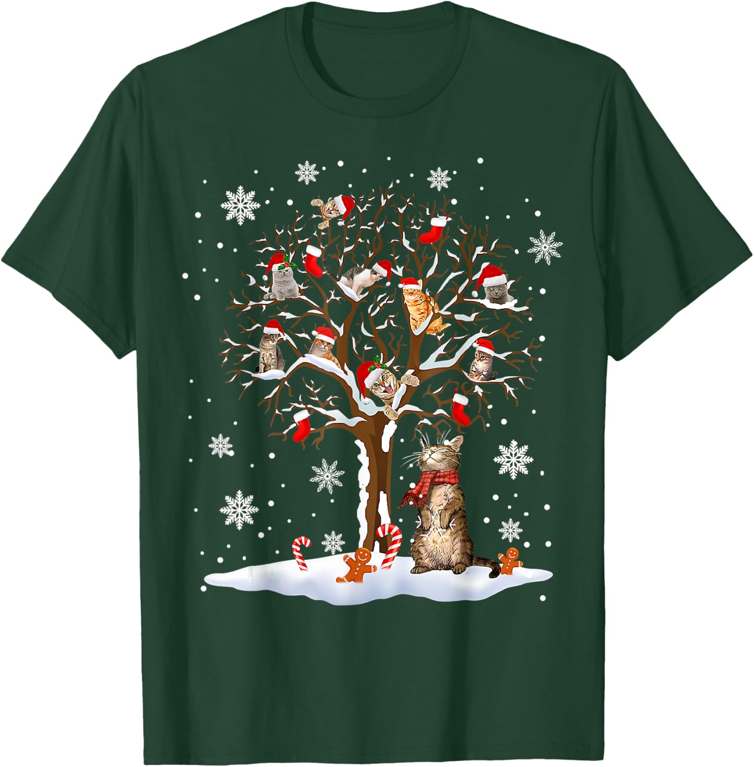 Cats In Snow Tree Winter Christmas Santa Hat X-mas T-Shirt - T-Shirt | Forest