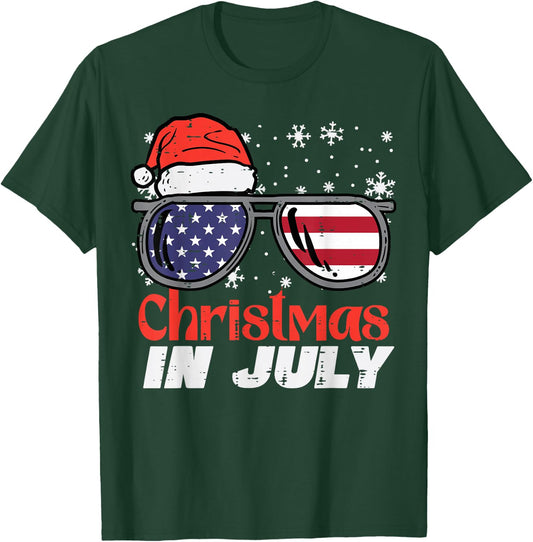 Christmas In July US Flag Santa Patriot Men Women Kids Boys T-Shirt - T-Shirt | Forest
