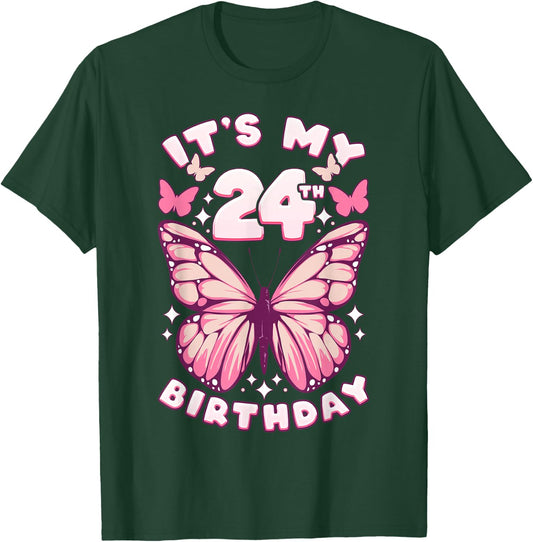 24th Birthday Girl 24 Years Old Butterflies and Number T-Shirt - T-Shirt | Forest