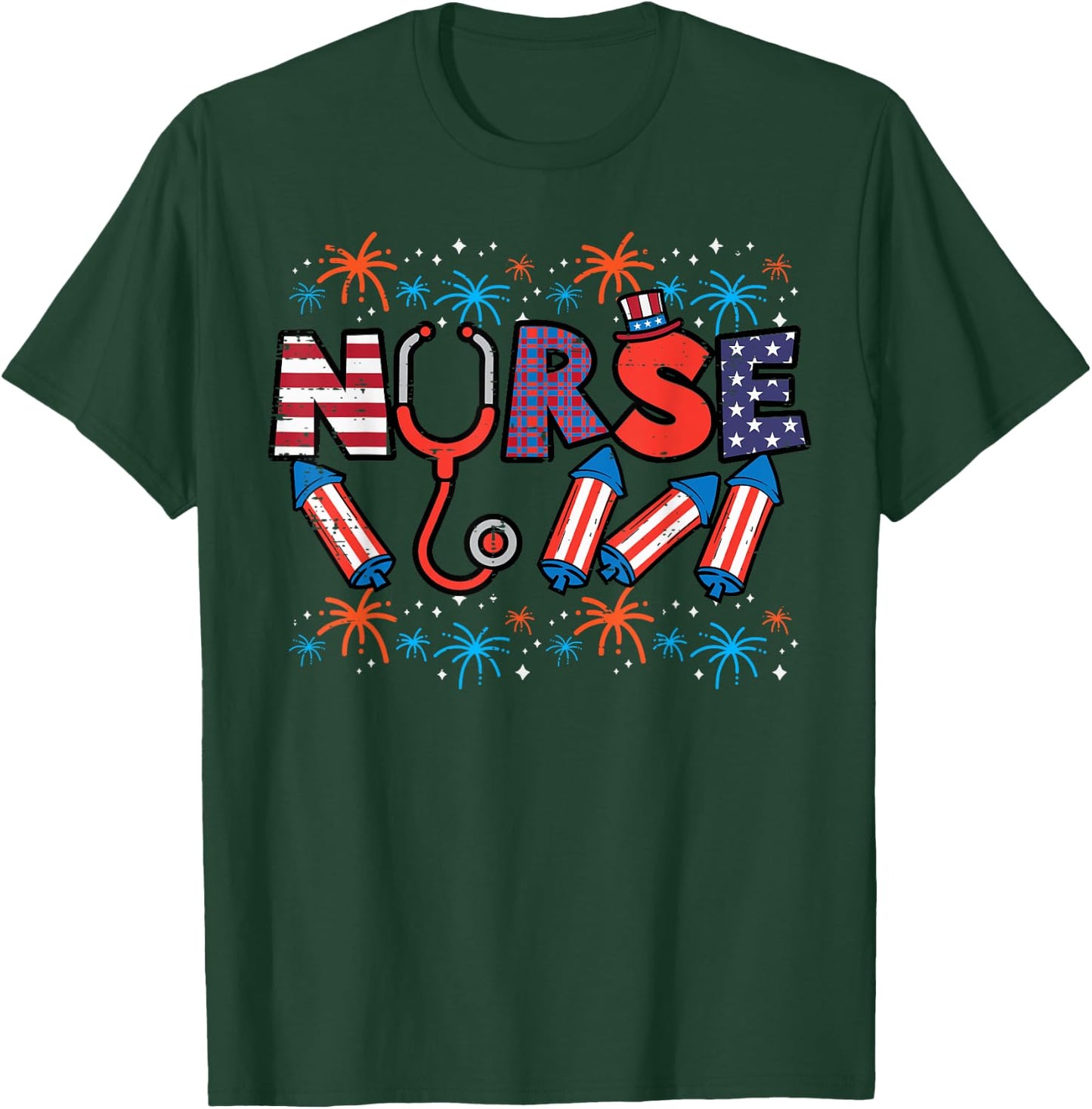 4th Of July Nurse Stethoscope Patriotic Scrub Top Women Men T-Shirt - T-Shirt | Forest