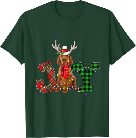 Joy Christmas Lights Vizsla Dog Santa Hat Pajama Men Women Kids T-Shirt - T-Shirt | Forest
