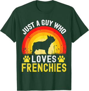 Just A Guy Who Loves Frenchies Retro Vintage Frenchie Dog T-Shirt - T-Shirt | Forest