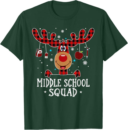 Middle School Squad Plaid Reindeer Santa Teacher Christmas Women Kids T-Shirt - T-Shirt | Forest