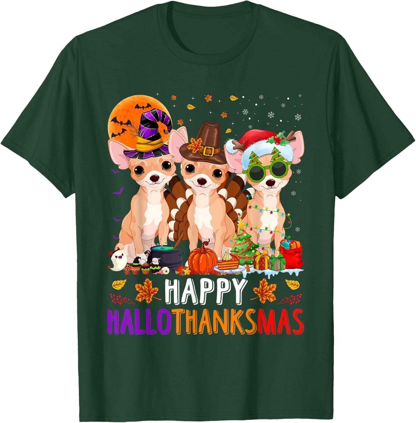 Happy Hallothanksmas Chihuahua Dog Halloween Christmas T-Shirt - T-Shirt | Forest