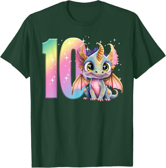 10th Birthday Shirt Dragon Party Rainbow Girl Double Digits T-Shirt - T-Shirt | Forest