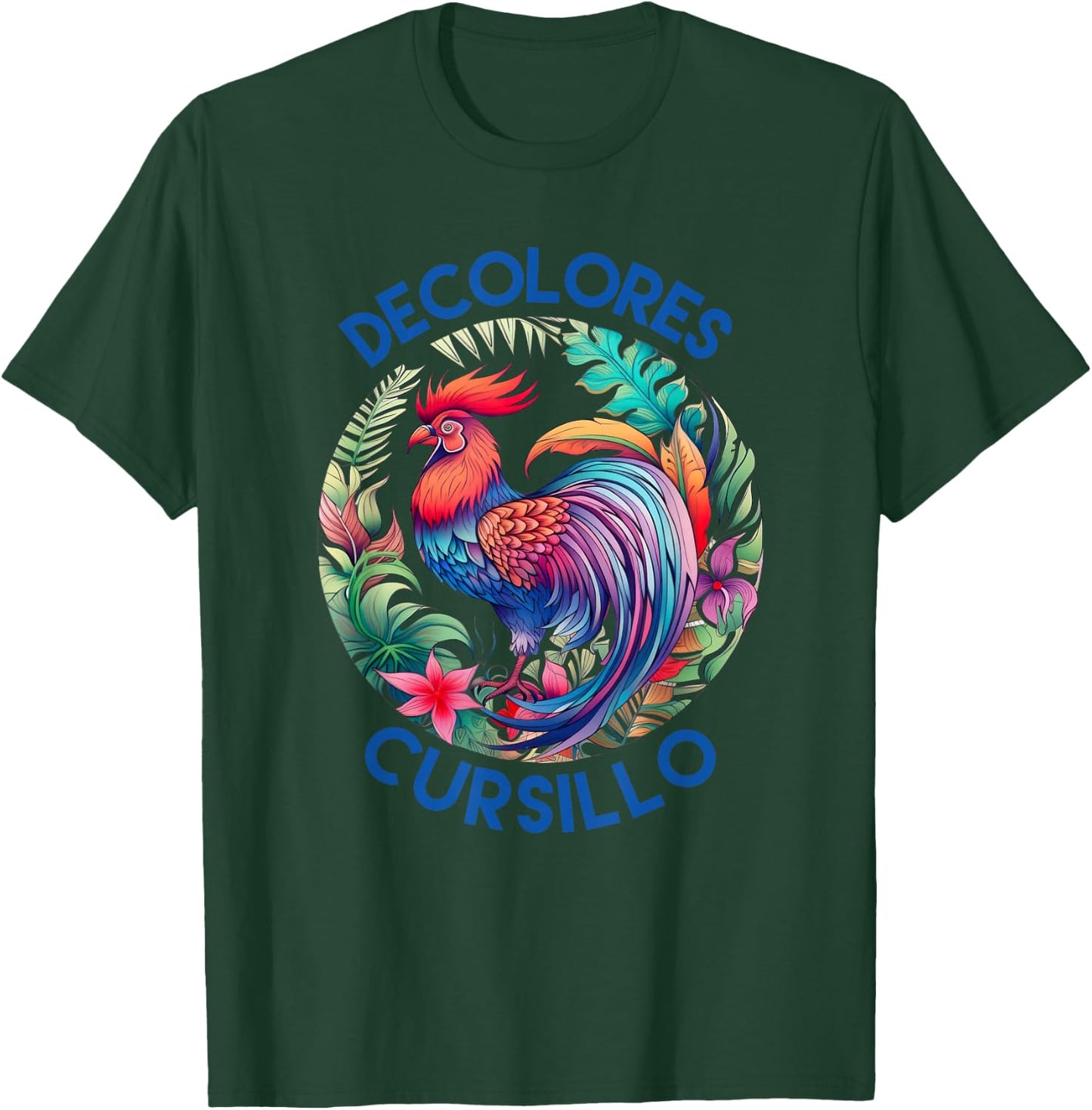 DeColores Cursillo Colorful Rooster Circle With Flowers T-Shirt - T-Shirt | Forest