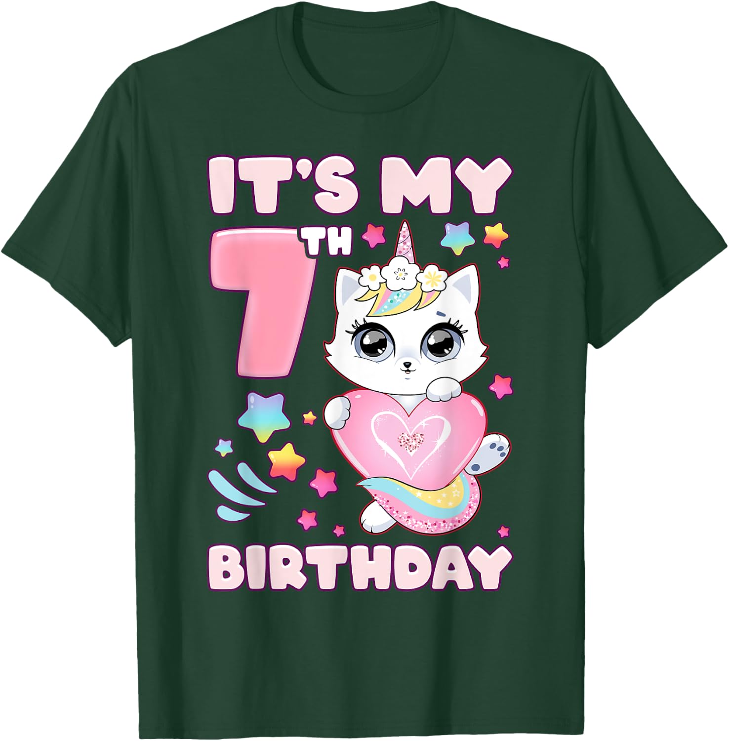 Birthday girl 7 years old, cat, unicorn, 7th birthday T-Shirt - T-Shirt | Forest