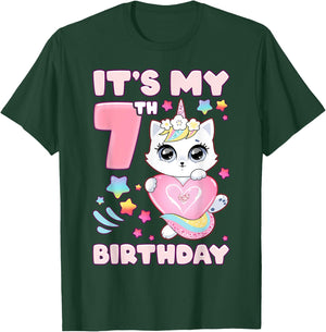 Birthday girl 7 years old, cat, unicorn, 7th birthday T-Shirt - T-Shirt | Forest