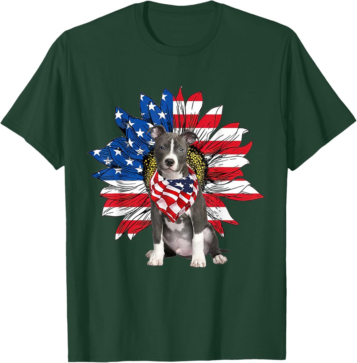 Blue Nose Pitbull American Flag Sunflower Dog Lovers 4th Of T-Shirt - T-Shirt | Forest