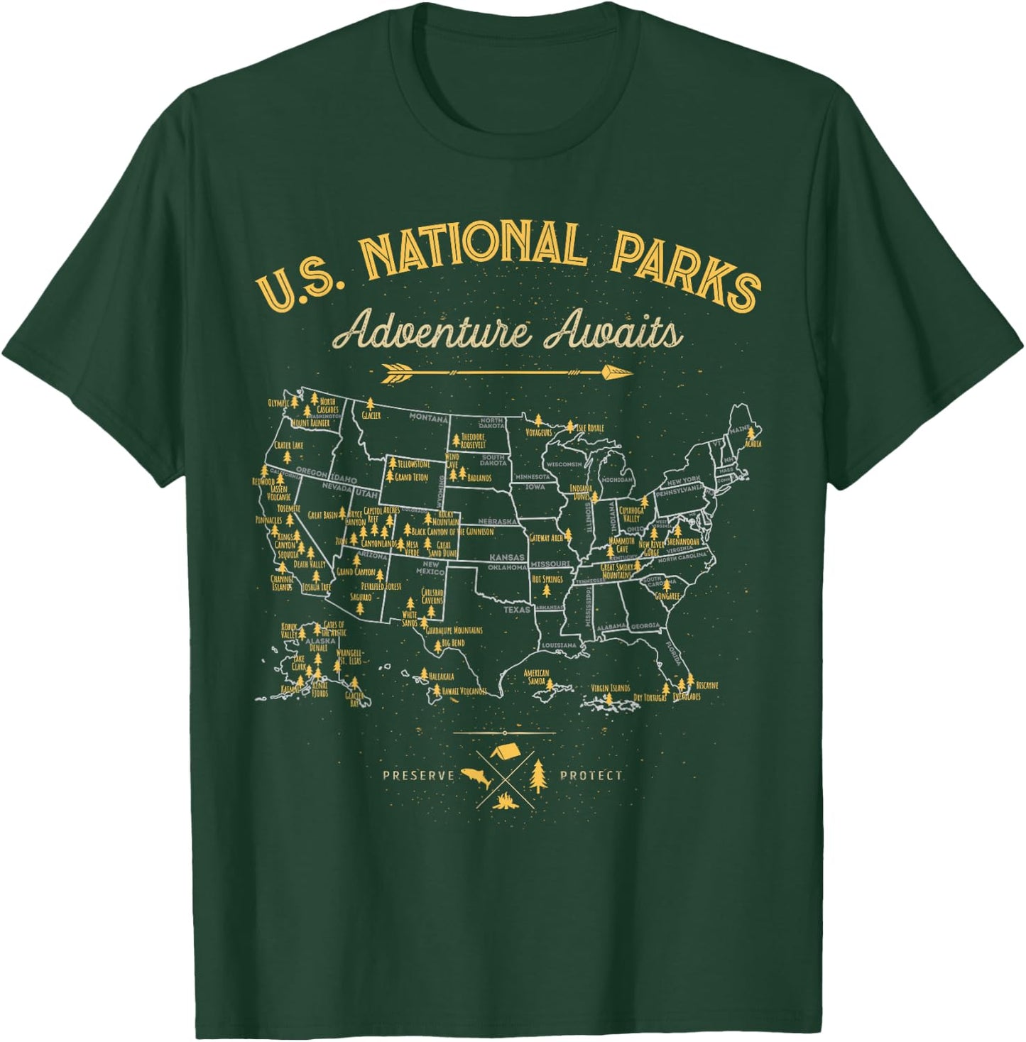 63 National Parks Map US Park Retro Vintage Camping Hiking T-Shirt - T-Shirt | Forest