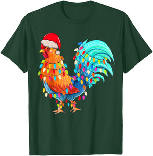 Christmas Lights Chicken Wearing Xmas Hat Chicken Hen Lover T-Shirt - T-Shirt | Forest