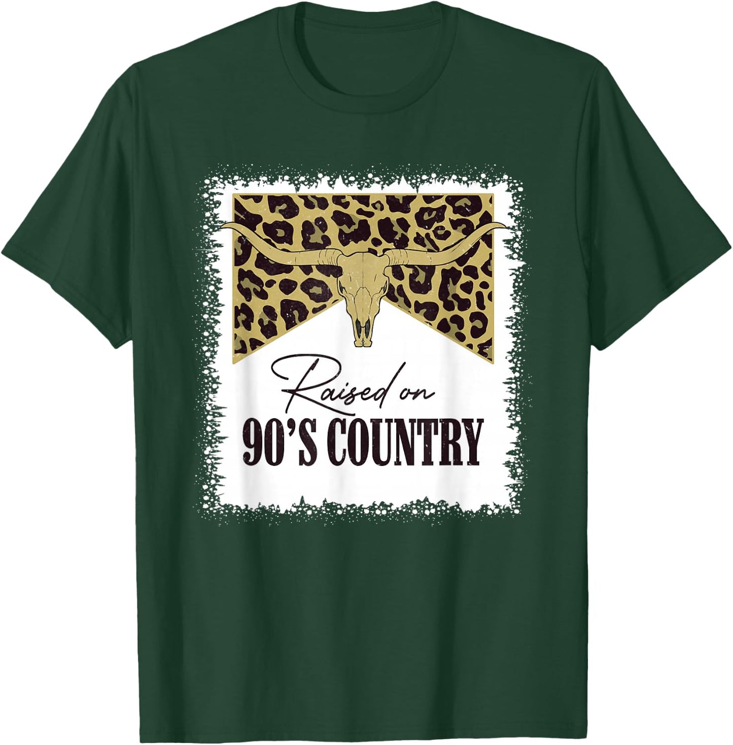 Raised On 90's Country Vintage Bull Skull Leopard Bleached T-Shirt - T-Shirt | Forest