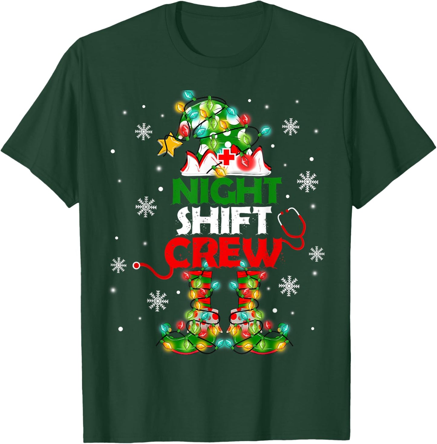Funny Nurse Elf Christmas Lights Cute Xmas Night Shift Crew T-Shirt - T-Shirt | Forest