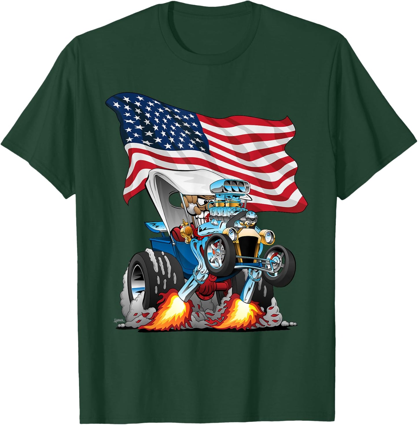 T-bucket Style Car Hotrod USA Flag Patriotic Cartoon Design T-Shirt - T-Shirt | Forest