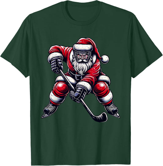 Christmas Sports Santa Plays Ice Hockey, Xmas Women Men Kids T-Shirt - T-Shirt | Forest