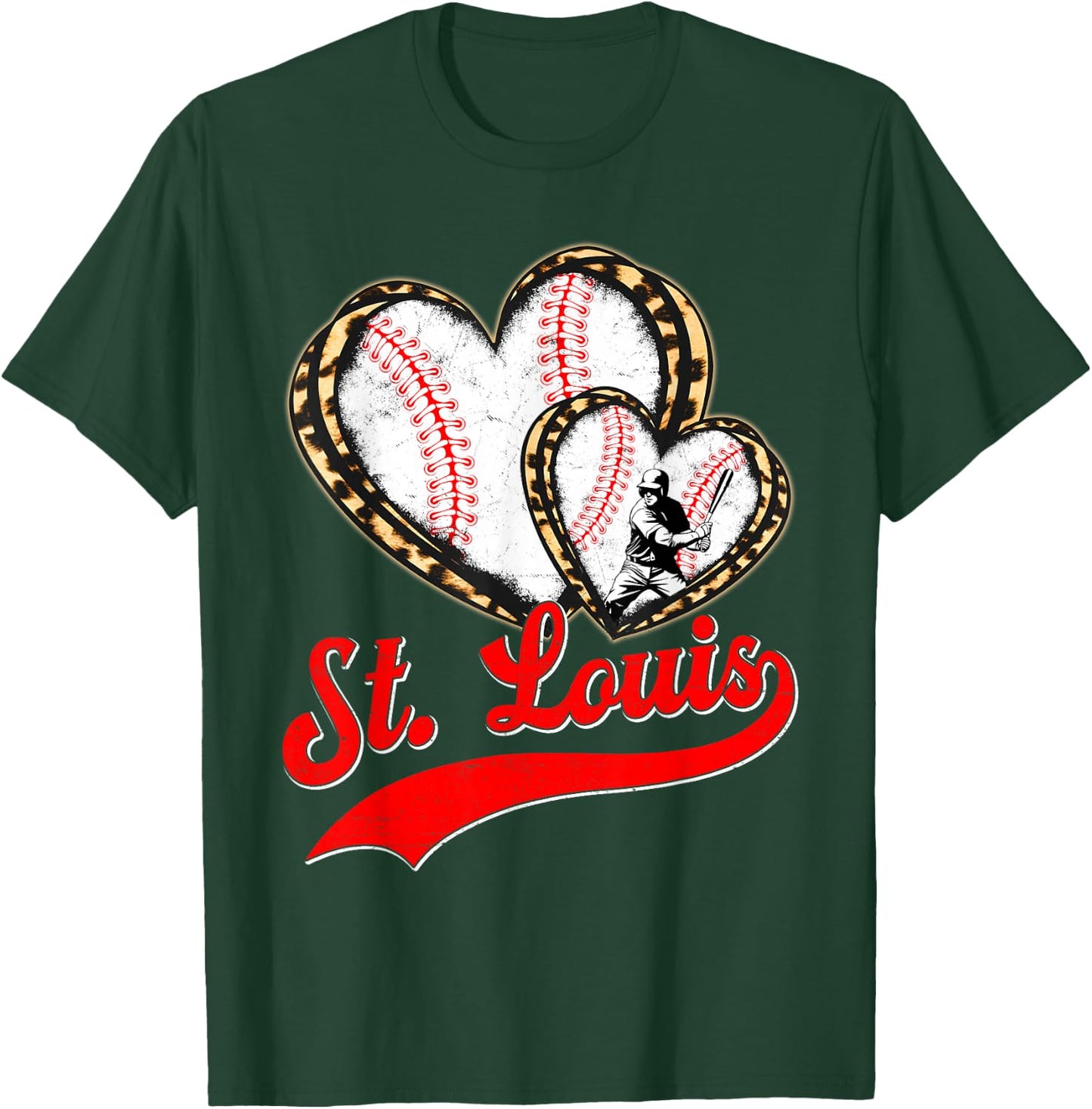 Vintage St. Louis Baseball Leopard Heart Baseball Fans T-Shirt - T-Shirt | Forest