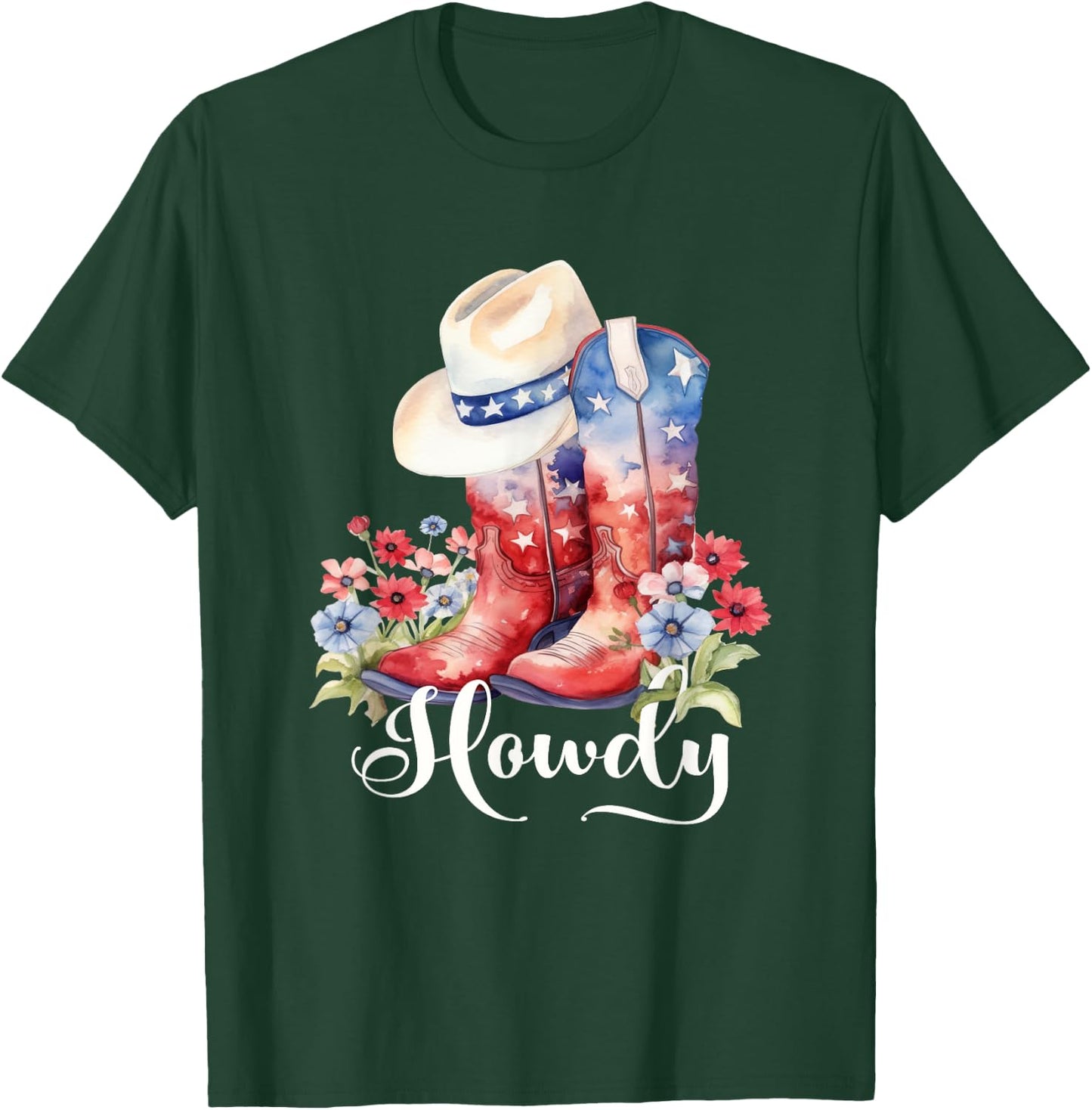 Cute Watercolor Cowgirl Boots Hat Flower Howdy Women Girls T-Shirt - T-Shirt | Forest