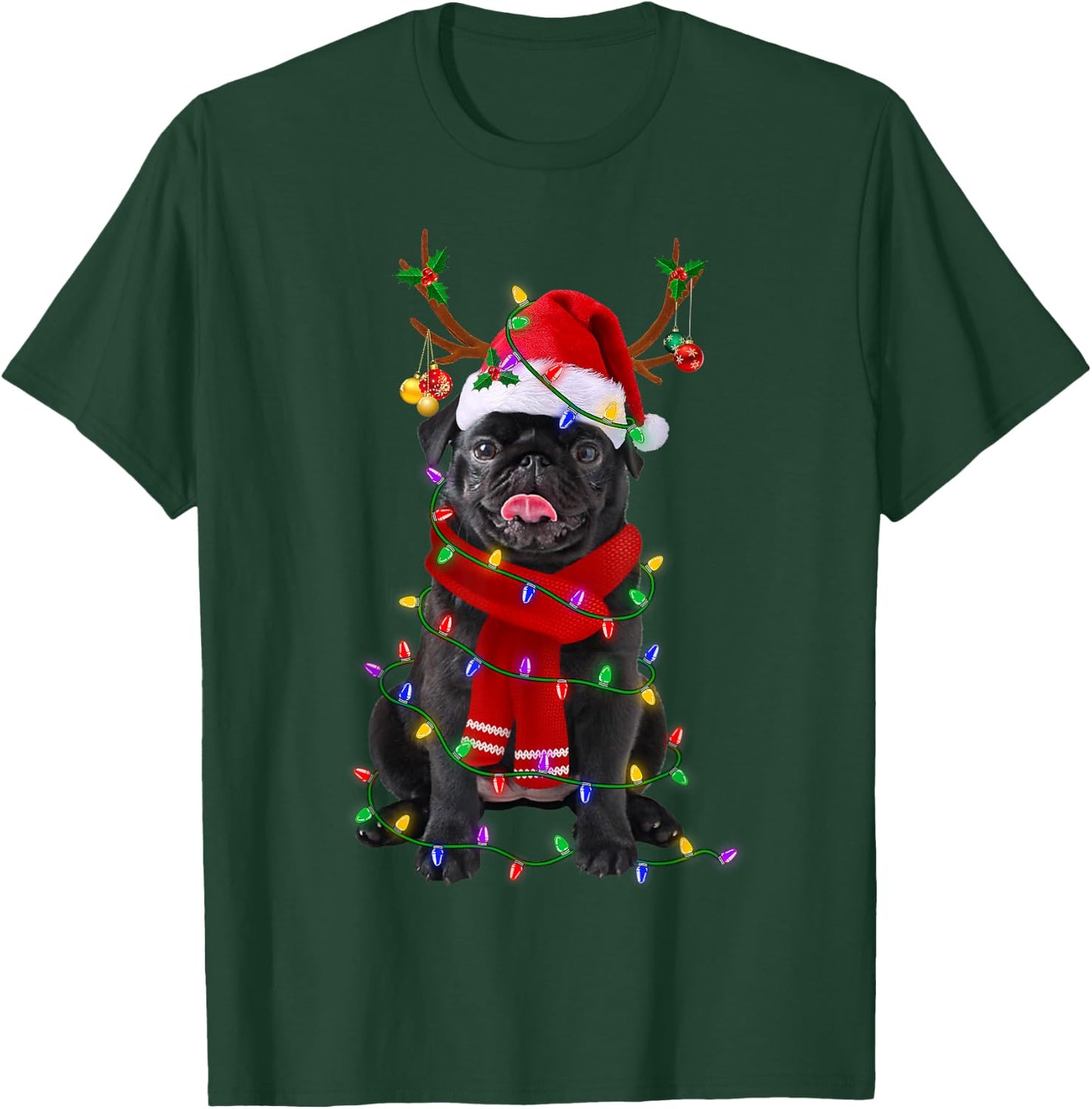 Black Pug Dog Tree Christmas Lights Xmas Pajama Men Women Kids T-Shirt - T-Shirt | Forest