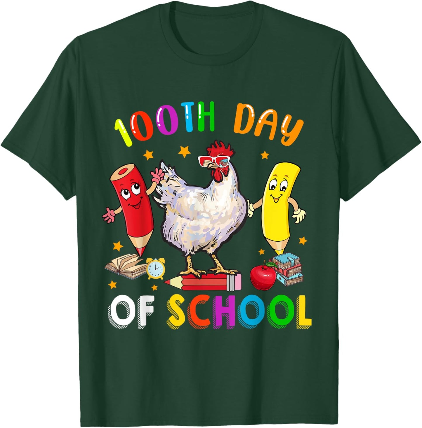 100th Days Of School Funny Chicken Sunglasses With Pencils T-Shirt - T-Shirt | Forest
