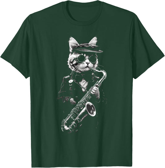 Funny Cat Wearing Sunglasses Playing Clarinet Musician Men Women Kids T-Shirt - T-Shirt | Forest